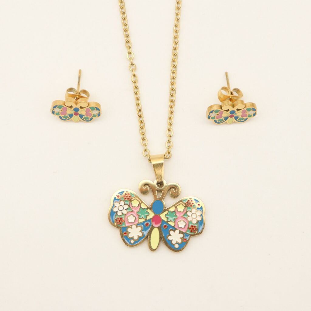 Fashion Stainless steel Jewelry Cartoon Butterfly Necklace and Earrings for Kids and girls