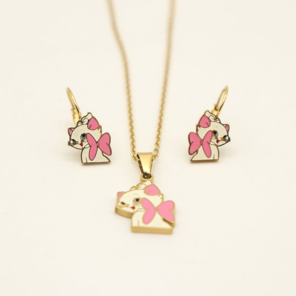Fashion Stainless steel Jewelry Cartoon Kitty Necklace and Earrings for Kids and girls
