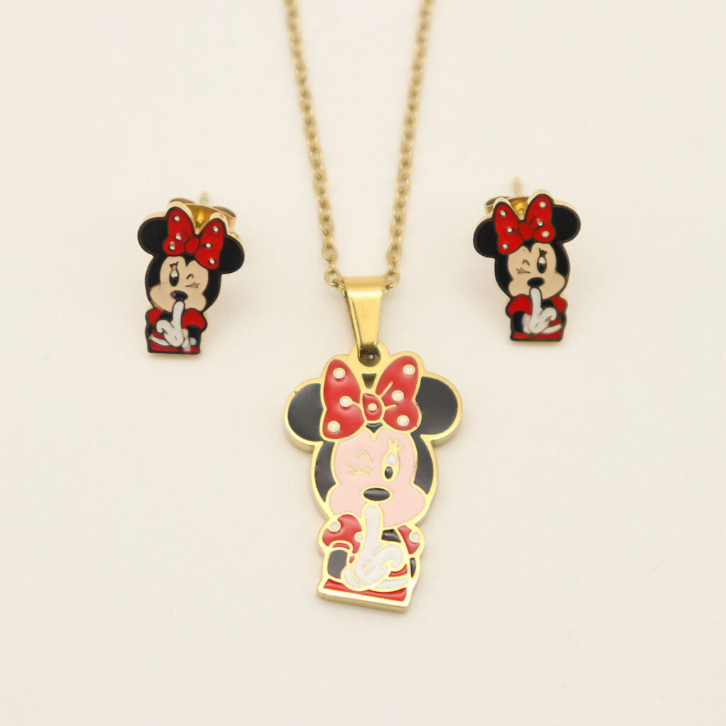 Fashion Stainless steel Jewelry Cartoon Mickey Necklace and Earrings for Kids