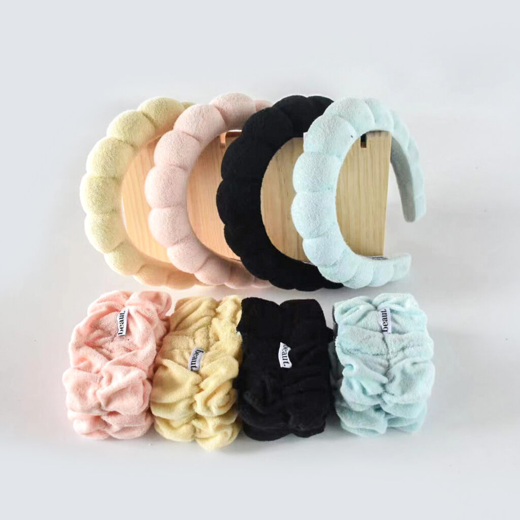 Terry Cloth Spa Bubble Sponge Puffy Headband Wristbands Set
